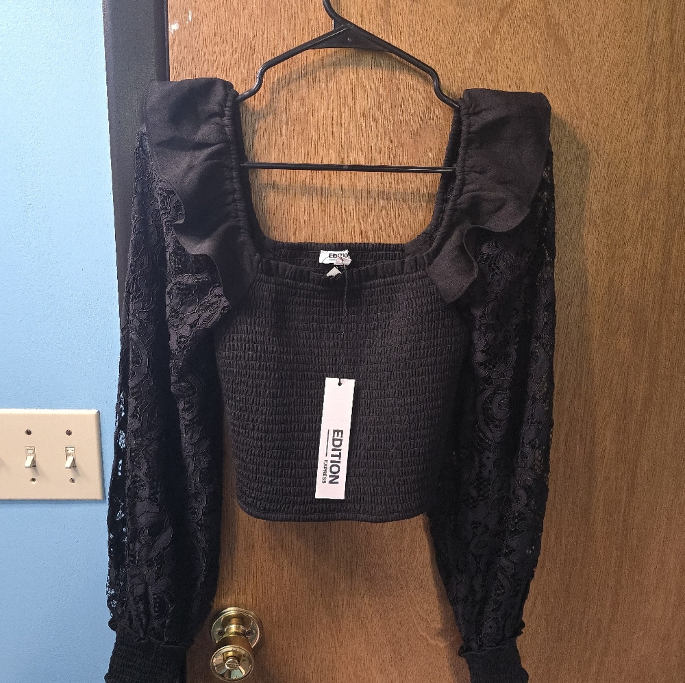 Express Gothic Black Lace Puff Sleeve Blouse NWT